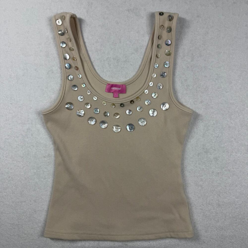 Edikted Beach Babe Shell Button Scoop Tank Top Beige Women’s Size Small